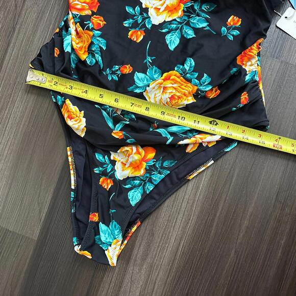CUPSHE Women's Ruffled Lace Up One Piece Swimsuit Black Floral Size XXL 2XL - Picture 6 of 9